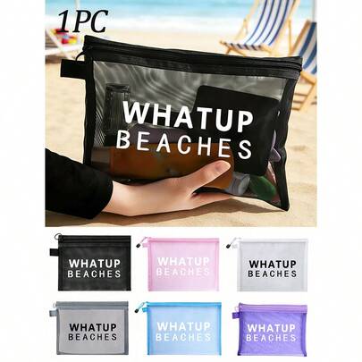 印有“WHATUP BEACHES”字样的沙滩网眼化妆包，多功能帆布包，充电器收纳包，旅行必备化妆包：女孩旅行必备包，男女通用拉链包，化妆品、化妆和旅行必备轻便收纳包，青少年完美礼物，生日和旅行配件，节日礼物