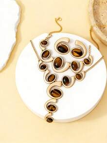 Bộ trang sức vàng cao cấp 4 món thời trang, kiểu dáng phóng đại, gồm dây chuyền/bông tai/vòng tay, trang sức sành điệu (mẫu đá quý ngẫu nhiên) - màu nâu - Xem 2