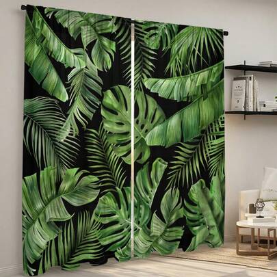 2 buc. Perdele cu frunze de plante tropicale, model botanic verde, stil cu buzunar pentru tijă, imprimare digitală de înaltă definiție, stil natural proaspăt, potrivite pentru toate anotimpurile, decor de casă pentru sufragerie, dormitor, birou, stil nordic, stil luxos, decor de sărbătoare Ramadan, decorare cameră, instalare cu tijă de buzunar, perdea semi-transparentă, material poliester, aplicabile pentru sufragerie, cameră de prințesă, dulap, dormitor, bucătărie, sufragerie, baie