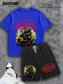 Handmade With Love Mens Creative VON-DUTCHS T Shirt And Shorts Set American Vintage Full Print Street Wear Essential Graphic T Shirt And Shorts Set With Dragon And Logo Print For Casual Outfits Summer Outfits For Women Vacation Outfits Women Summer Clothes Summer - 藍色 - 查看 7