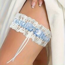 Elastic Wedding Lace Garter With Blue Ribbon - Jacquard Woven Lace-Up Design, Suitable For 15-23inch Thighs, Ideal For Weddings, Parties, And Special Occasions - Gift For Women (Blue/White), Wedding Accessory, Party Outfit, Decorative Lace Garter, Exquisite Lace Design - 白色 - 查看 7