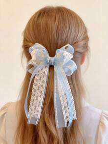 1pc Girls' Sweet Elegant Blue Bow Mesh Lace Ribbon Hair Clip - Baby Blue - View 3