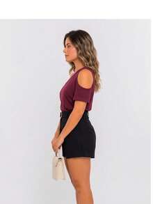 Women's Basic One-Sleeve Loose-Fitting Blouse With Cutout Shoulder - Redwood - View 4