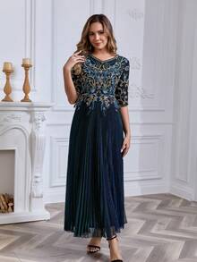 JINLICX Falda plisada con decoración de perlas y escote en V azul zafiro talla grande - azul real - Ver 4