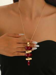 1 pieza Collar colgante ovalado largo de combinación geométrica de moda, joya elegante y versátil de estilo retro como regalo para mujeres, Día de la Madre - collar - Ver 3