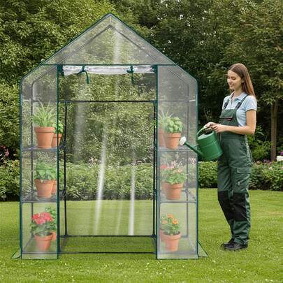 Mini Walk-In Greenhouse With PVC Cover, 4-Shelf Indoor Outdoor Plant Gardening Green House For Garden Backyard, 56" X 29" X 77", Transparent