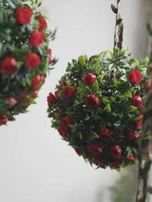 1pc Artificial Rose Flower Ball Hanging Planter, Decorative Faux Greenery With Jute Rope, Bohemian Style Indoor Hanging Decor, Suitable For Living Room, Bedroom, Garden, Farmhouse Home Decor, Indoor Planter, Elegant Flower Ball Hanging Ornament, Ideal For Wedding Or Party Decoration, Great For Balcony, Patio And Window Hanging - Style a - View 8
