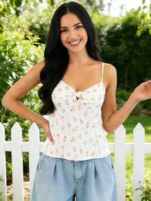 Women's Tie-Back Floral Camisole  Halter Neck Spaghetti Strap Top  Summer Sleeveless Going Out Tank - Ivory White - View 3