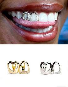A Heart-Shaped Golden Tooth Set Made Of Double-Layer Synthetic Zirconia, Designed For Everyday Street Hip-Hop Style, Crafted From 316L Stainless Steel - Golden - 查看 3
