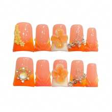 10 piezas de uñas postizas cortas con forma de pato, degradado naranja-rosa, decoradas con flores 3D y strass, hechas a mano - Naranja Quemada - Ver 11