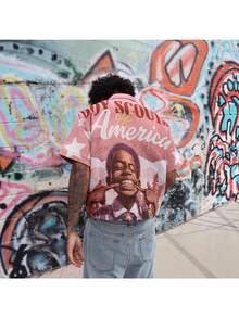 New Retro Street Hip-Hop Letter Character 3D Print Loose Men's Short-Sleeved Cardigan Shirt - 淡粉 - 查看 1