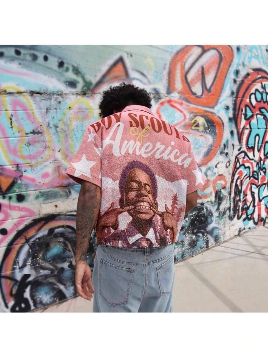 New Retro Street Hip-Hop Letter Character 3D Print Loose Men's Short-Sleeved Cardigan Shirt - 淡粉 - 查看 1