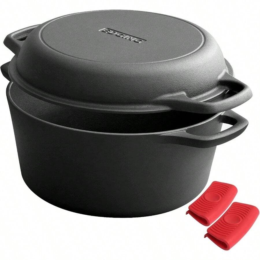 2-In-1 Pre-Seasoned Cast Iron Dutch Oven Pot With Skillet Lid Cooking Pan, Cast Iron Skillet Cookware Pan Set With Dual Handles, Indoor Outdoor For Bread/Frying/Baking/Camping/BBQ, 5 Qt - 5QT - View 1