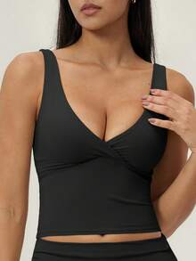 TimeOff 1 Set Women's Solid Color V-Neck Backless Removable Padded Camisole And Flared Leg Pants Sports Suit - Black - View 7