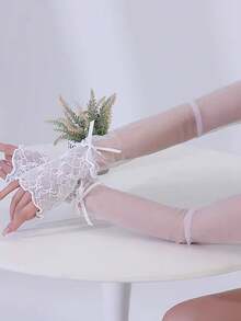 Mesh Lace Splice Sleeve Cuffs, Ruffle Trim Bow Decor, Sheer See-Through Design, Pleated Silhouette Flattering Arm, Sun Protection & Fashionable! Suitable For Daily Wear, Lolita, Wedding Dress, Spring/Summer Styling - Multicolor - View 5