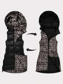 Women's Reversible 2-In-1 Vest, Detachable Hood, Two-Way Zip, Synthetic Down, Snap Pockets, Mid-Thigh, Spring Autumn - Black - View 5