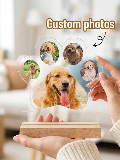 1pc Custom Photo Dog Paw Acrylic Plaque – Personalized Pet Photo Keepsake With Wooden Base | Heartfelt Pet Memorial Gift For Dog Lovers | Home Desk Decor & Pet Memory Display