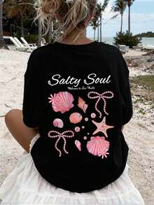 女士加大码粉色“Salty Soul”图案短袖T恤，弹力夏季休闲度假上衣，黑色 - 黑色 - 查看 3