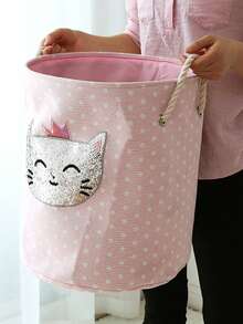 1 pieza Cesta de lavandería con diseño de gato con lentejuelas, cesta de almacenamiento plegable de tela - Rosa - Ver 4