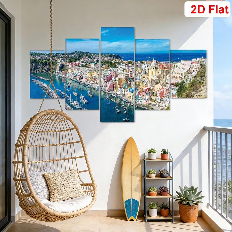 Set de 5 carteles e impresiones italianas, vistas panorámicas impresionantes de la isla de Procida cerca de Nápoles, región de Campania, escenario impresionante de Nápoles y el Monte Vesubio, Monte Vesubio al atardecer, decoración del hogar - Adecuado para colgar - Multicolor - Ver 1