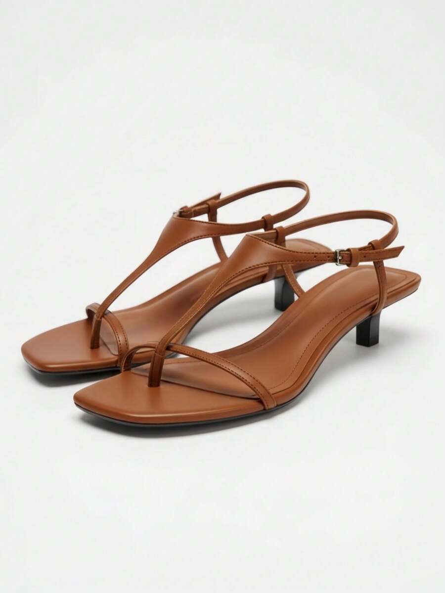 2025 Spring/Summer New Brown Suede Round Toe Chunky Heel Open Toe High Heel Sandals For Women,Kitten Heels,Flip Flops - Brown - View 1
