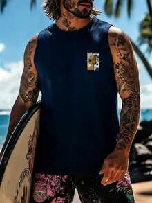 Áo tank top nam mùa hè cổ tròn phong cách Mỹ, in hình ngộ nghĩnh, thích hợp cho tập luyện và mặc hàng ngày. - Màu xanh hải quân - Xem 3