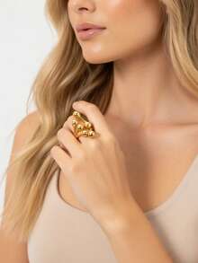 1 chiếc nhẫn điêu khắc hình cầu phân tử kiểu Âu và Mỹ, thiết kế cành bong bóng 3D, chất liệu thép không gỉ mạ vàng 18K sang trọng. - Vàng - Xem 1