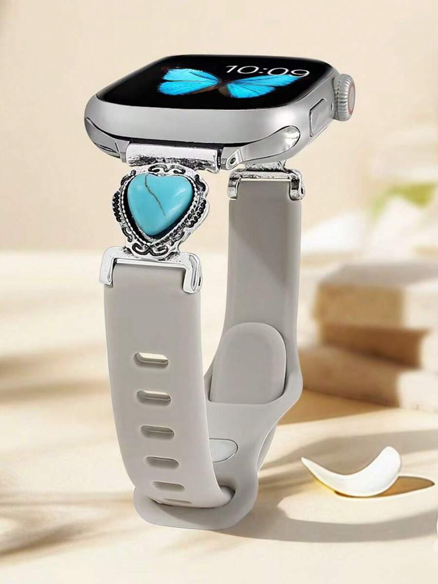 1條復古心形綠松石拼接矽膠錶帶,適用於Apple Watch 38mm 40mm 41mm 42mm 44mm 45mm 49mm,女款波希米亞風手鍊錶帶,適用於 Series 11 Ultra 3 SE3 Ultra 2 S10 SE2 9 8 7 SE 6 5 4 3 2 1 - 杏色 - 查看 1