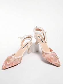 New Chinese Style White High Heel Mules, Pointed Toe Lace Embroidery Convertible Sandals For Women - Pink - View 6