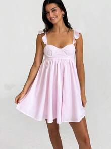 Women Floral Ruffle Strap Babydoll Dress Sleeveless Backless A-Line Summer Mini Sundress - Pink - View 3