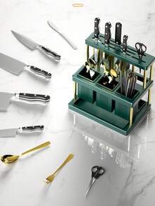 1pc Multi-Function Cutlery Holder, Knife Rack, Chopstick Storage Box, Kitchen Organizer Rack, Tabletop Caddy, Kitchen Utensil Holder, Space-Saving Cutlery Rack With Detachable Drip Tray, Suitable For Kitchen, Bathroom, Dining Room, Green/White, Gold/Silver Chopstick Holder, Knife/Spoon/Fork Storage Rack, Combination Plastic Model - Multicolor - View 2