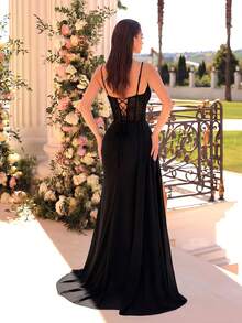 ADYCE Elegante abito da sera lungo con spalline a spaghetti, scollo a V, vita alta, spacco alto sulla schiena, in tessuto trasparente, con paillettes, adatto per matrimoni, feste, balli, appuntamenti, cene formali, colore nero, primavera - nero - Visualizzare 2