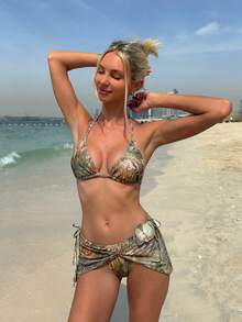 Bộ bikini 3 mảnh cổ yếm gợi cảm mới năm 2026 kèm váy sarong, thích hợp cho kỳ nghỉ. - Nhiều màu - Xem 7