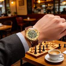 1pc Men's Automatic Mechanical Watch, Chessboard Pattern International Chess Mechanical Wristwatch, Retro Roman Numeral Business Style Leather Strap Watch, Suitable For Daily Wear - Brown - View 6