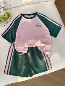青少年女孩夏季休閒拼接色落肩袖蝴蝶結印花短袖T恤與短褲套裝 - 粉色 - 查看 4