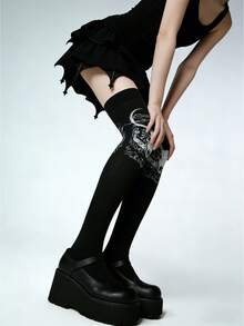 1 Pair Gothic Style Black & White Ripped Mesh Thigh High Socks, Hollow Out Over-The-Knee High Stockings - Black - View 4