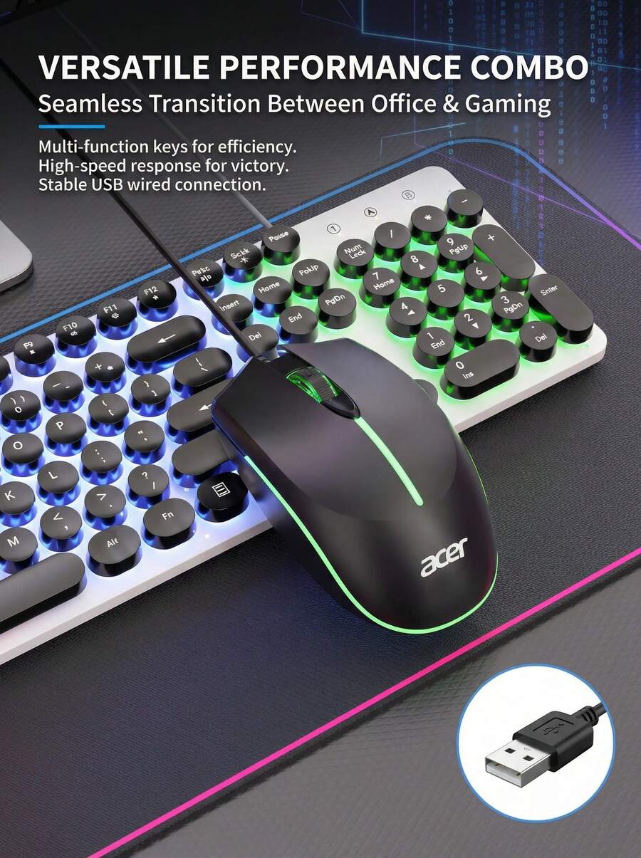 Acer OCC205 Wired Keyboard And Mouse Set, Punk Round Keycaps, Mechanical Feeling, Rainbow Backlight, 26-Key Anti-Ghosting, Compatible With Computer & Laptop - View 1