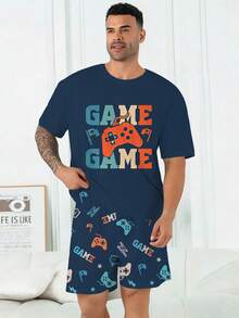 Set pigiama uomo taglia comoda | Maglietta a girocollo manica corta e pantaloncini casual vita elastica 2 pezzi | Tessuto in maglia di poliestere morbido e traspirante vestibilità ampia | Grafica casual con stampa console da gioco - Blu reale - Visualizzare 1