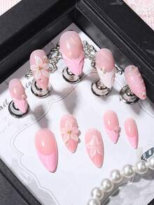 24片/套 优雅渐变粉白杏仁形美甲贴纸，饰有3D花朵和珍珠，包含甲油胶和指甲锉，适合女孩和女士日常、派对、秋季美甲 - 彩色 - 查看 3