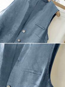 女士春夏休闲度假亚麻短款西装背心 - 霧霾藍 - 查看 6