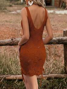 Đầm ngắn móc len kiểu miền Tây dành cho nữ, đầm tank top không tay khoét rỗng, đầm ôm sát kiểu boho có dây rút cho buổi hòa nhạc đồng quê. - Đỏ gỉ - Xem 2