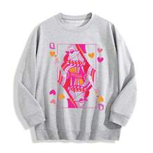 Women's Queen Of Hearts Playing Card Print Lightweight Crewneck Sweatshirt, Casual Thin Pullover Top, Valentines Day,  Sweatshirts, Cute Valentine - 灰色 - 查看 1