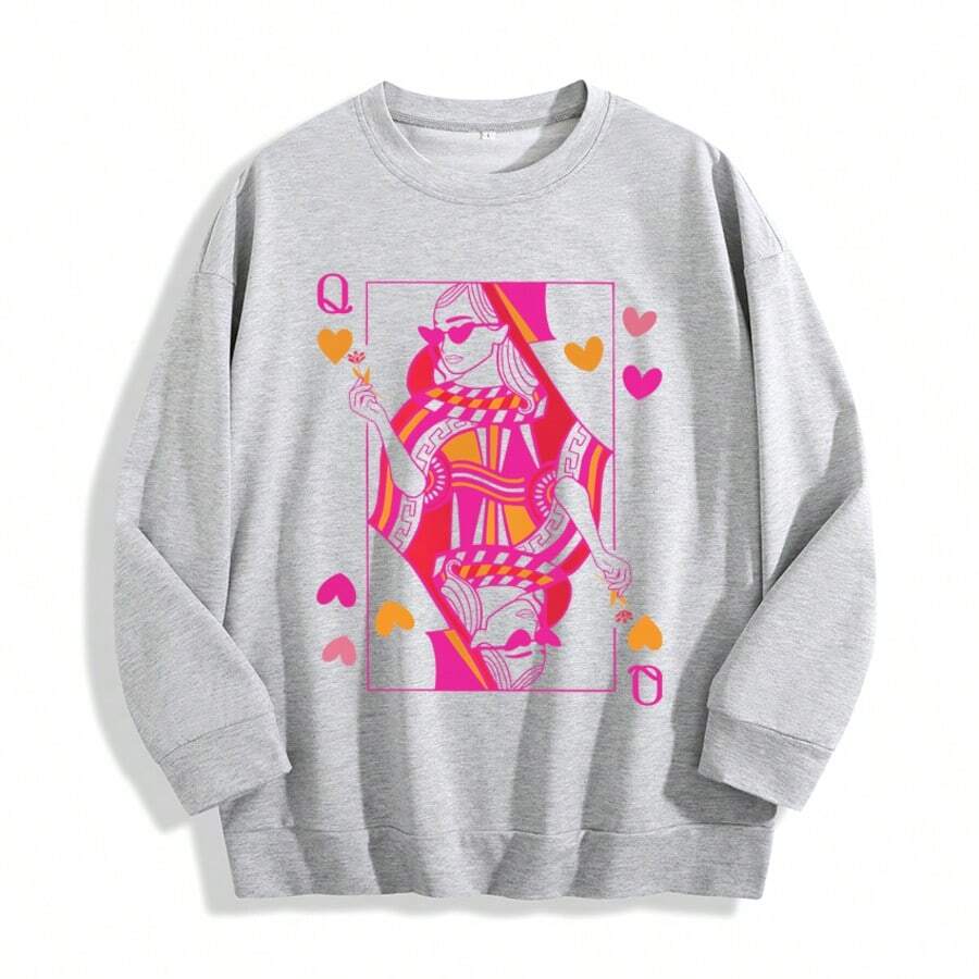 Women's Queen Of Hearts Playing Card Print Lightweight Crewneck Sweatshirt, Casual Thin Pullover Top, Valentines Day, Sweatshirts, Cute Valentine - 灰色 - 查看 1