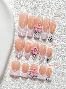 10Pcs Gentle French Style Handmade Nail Art Set,Unghie Press On,Flower Nail Art Decorations,White, Pink And Black Nail Polish,Sweet And Refined,Includes Nail Tools,3 Sizes Available,Almond Nails , Duck Nails,Coffin Nails For Party, Dance, Daily Wear. - 彩色 - 查看 1