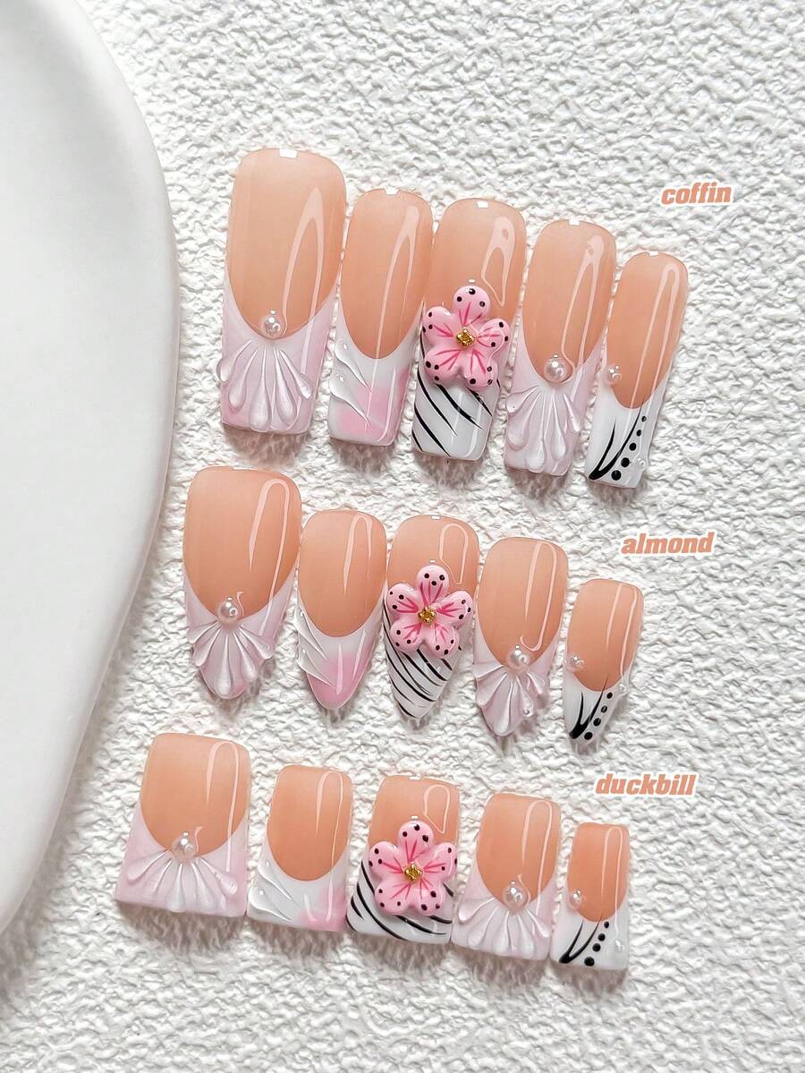 10Pcs Gentle French Style Handmade Nail Art Set,Unghie Press On,Flower Nail Art Decorations,White, Pink And Black Nail Polish,Sweet And Refined,Includes Nail Tools,3 Sizes Available,Almond Nails , Duck Nails,Coffin Nails For Party, Dance, Daily Wear. - 彩色 - 查看 1