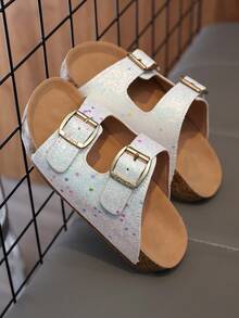 Sandales à glissière pailletées pour enfants - Dessus en faux daim et semelle en liège doux, confortables pour l'intérieur et l'extérieur - Argent - Voir 7