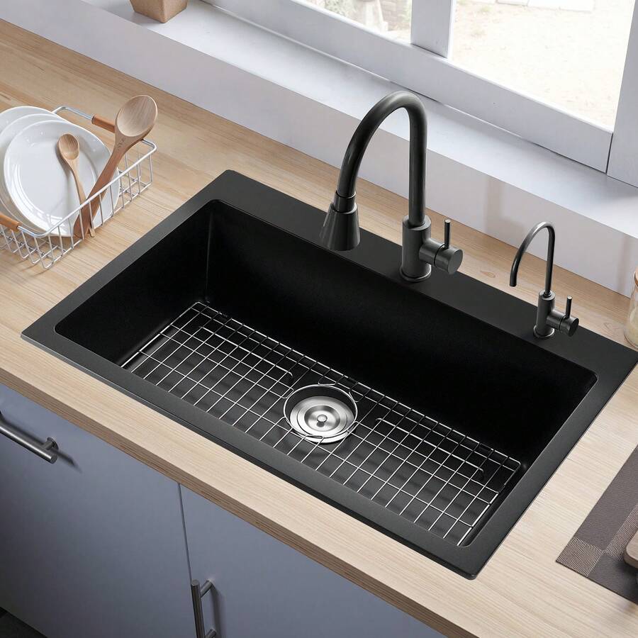 84 Cm Kitchen Sink Workstation, Top Mount Granite Sinks, Drop-In Single Bowl Farmhouse Basin With Multiple Accessories, Household Dishwasher Sinks For RV, Prep Kitchen, And Bar (Black) - 84 cm, Top Mount - 查看 1