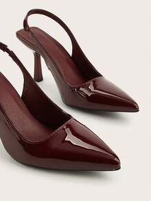女士亮面漆皮细高跟鞋，优雅尖头高跟凉鞋，时尚踝带露趾高跟鞋，正式场合婚礼派对礼服鞋 - 酒紅色 - 查看 3