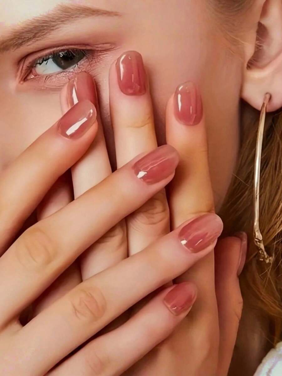 24pcs Reusable Smooth Round Acrylic Nail Stickers, Spring/Summer Nude Pink Jelly Gel Nail Wraps, Nail Art Supplies, Nail Sticker Set