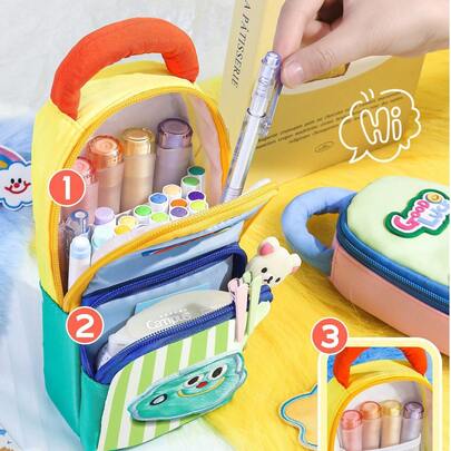 Patchwork Star & Stripe Pencil Case, Adorable Cloud Design, High Aesthetic Value. Suitable For Middle & High School Students, With Handle And Compartments To Store Pens, Rulers, Notes, Etc. Can Also Be Used As A Small Cosmetic Bag, Perfect For Back To School, Birthday And Holiday Gifts.